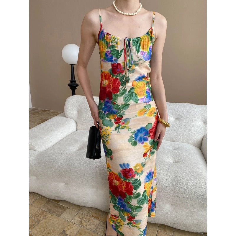 Art Oil Painting Atmosphere Vintage Floral Lace up Slim Fit Slimming Spaghetti Straps Dress