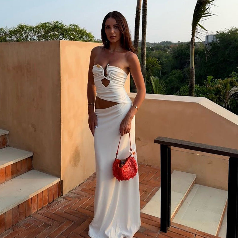 Sexy Tube Top Stitching Steel Ring Cropped Outfit Sheath Long Adult Lady like Woman Dress Women