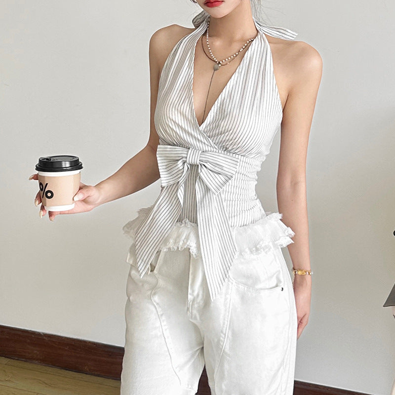 Summer Women Sexy Stripes Printed Waist-Controlled V neck Lace up Vest