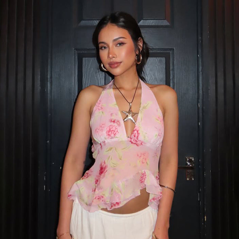 Holiday Net Yarn Floral Printed Irregular Asymmetric Ruffled Halter Spaghetti Straps Sexy V neck Top for Women