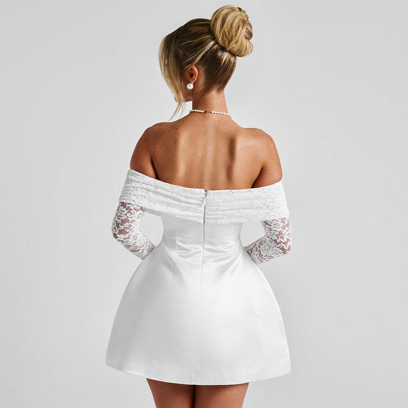 Women Clothing off Neck Lace Stitching Long Sleeve Waist A line Dress