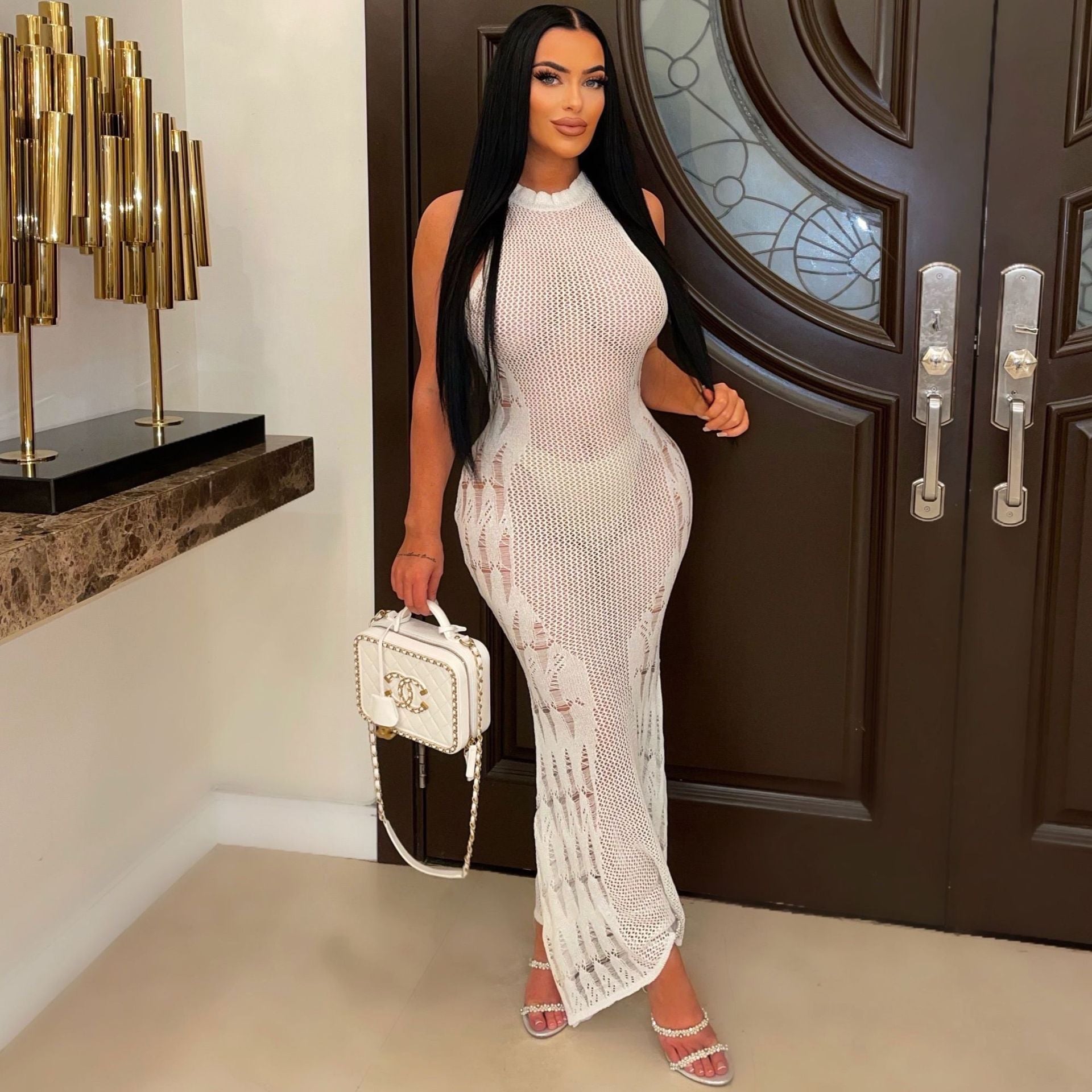 Summer Sexy Women Dress Fashionable Knitted Hollow Out Cutout Beach Dress