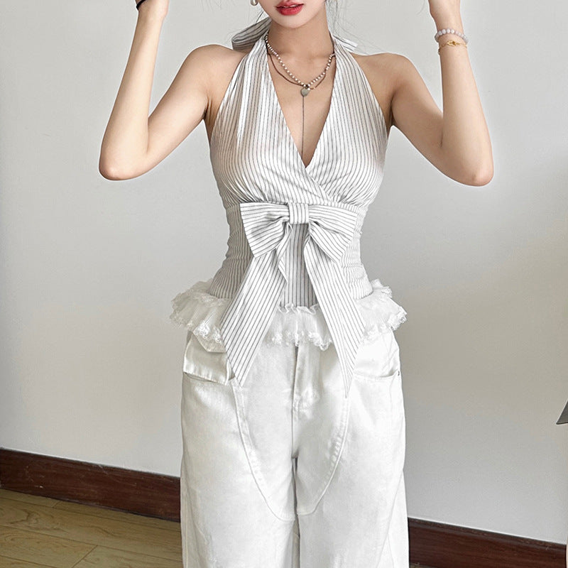 Summer Women Sexy Stripes Printed Waist-Controlled V neck Lace up Vest