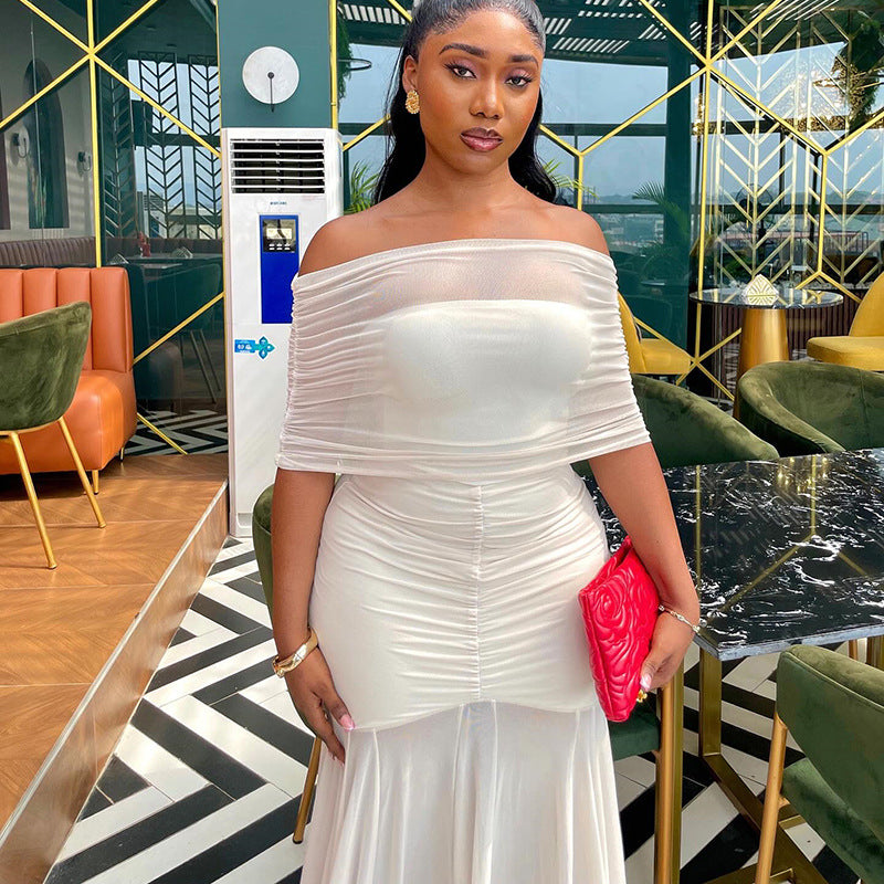 Fresh Elegant Women off Shoulder Pleated Hip Tube Top Slightly Transparent Hipster Dress