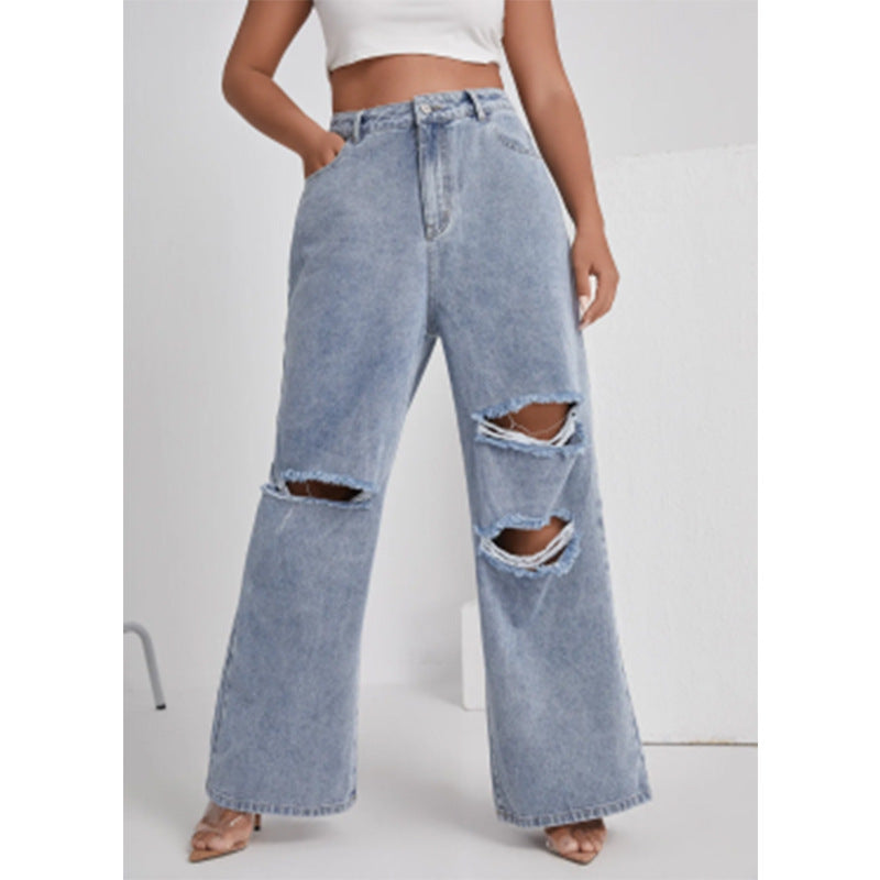 Ladies Jeans Ripped High Waist Straight Women Jeans Trousers Women