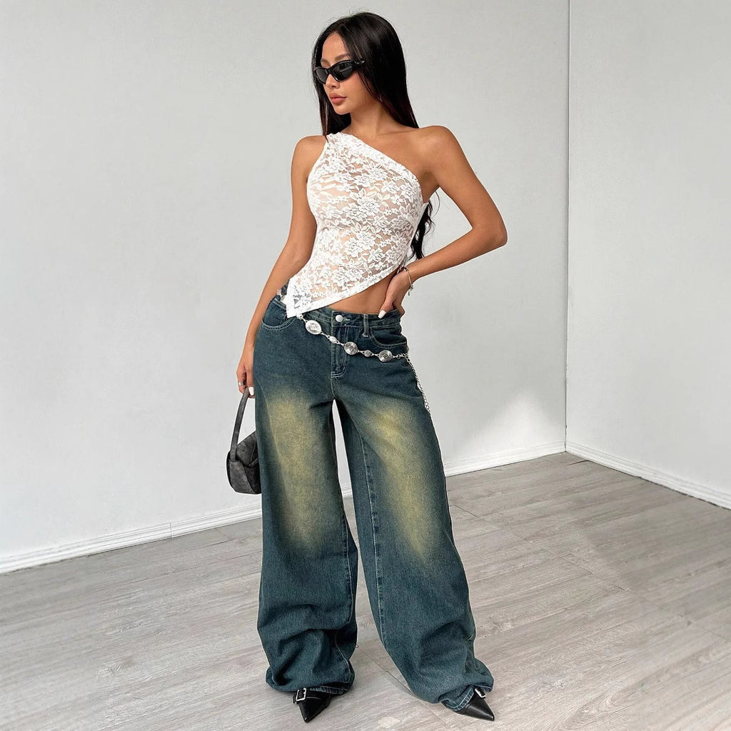 Summer Lace Cropped Outfit Hollow Out Cutout Asymmetric Shoulder Collar Special Interest Design Women Top