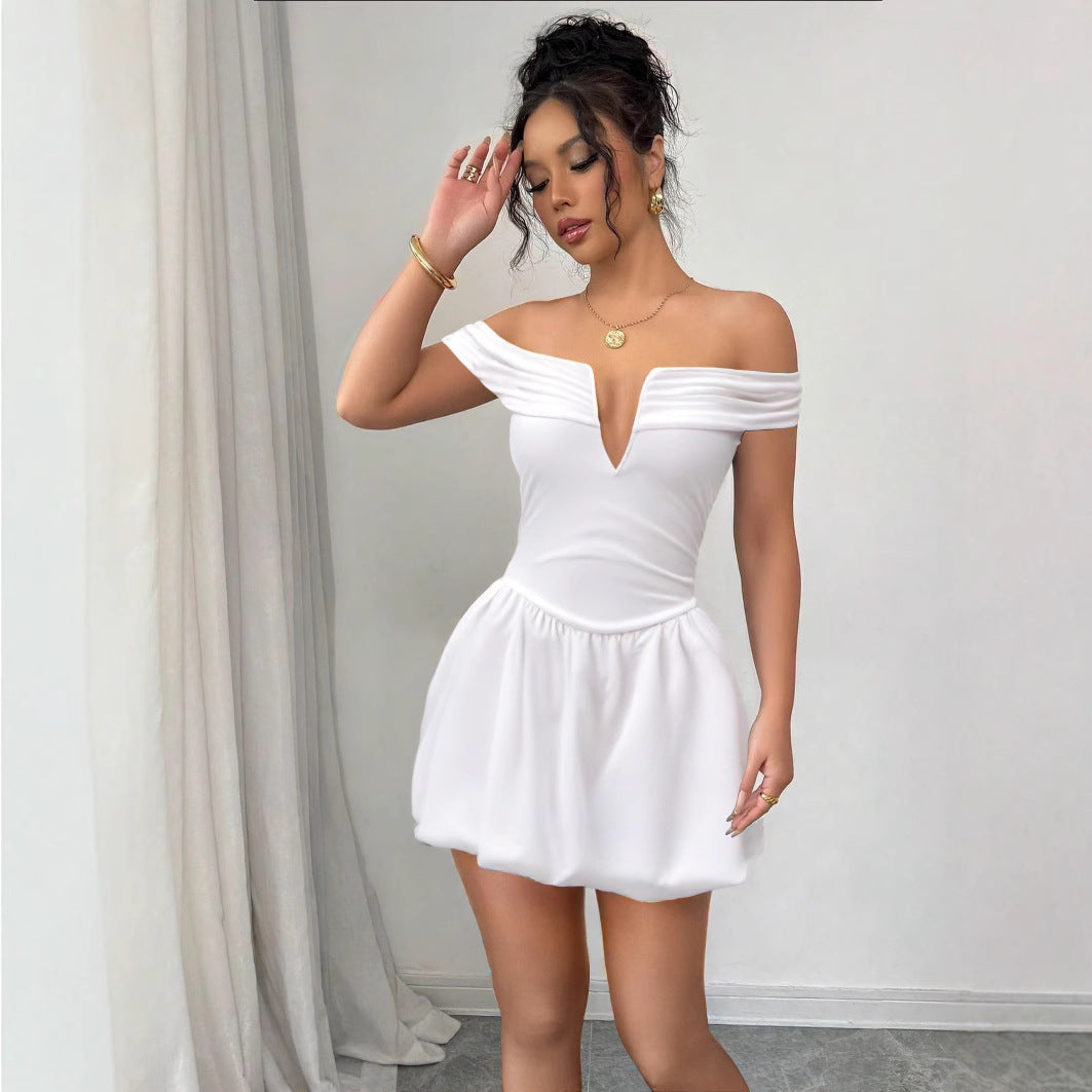 Summer off Shoulder Deep V Plunge neck Dress Arrival Pleated Raglan Sleeve Sexy Backless Dress