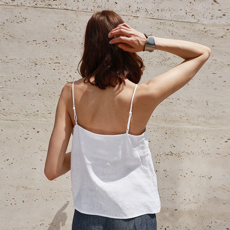 Amoi Linen Vest Women Adjustable Shoulder Strap Small V neck Design Sling Summer Minimalist Wear Top Women