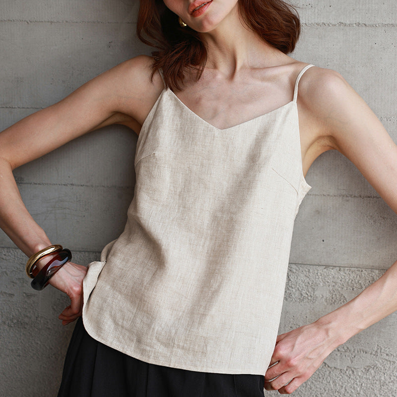 Amoi Linen Vest Women Adjustable Shoulder Strap Small V neck Design Sling Summer Minimalist Wear Top Women