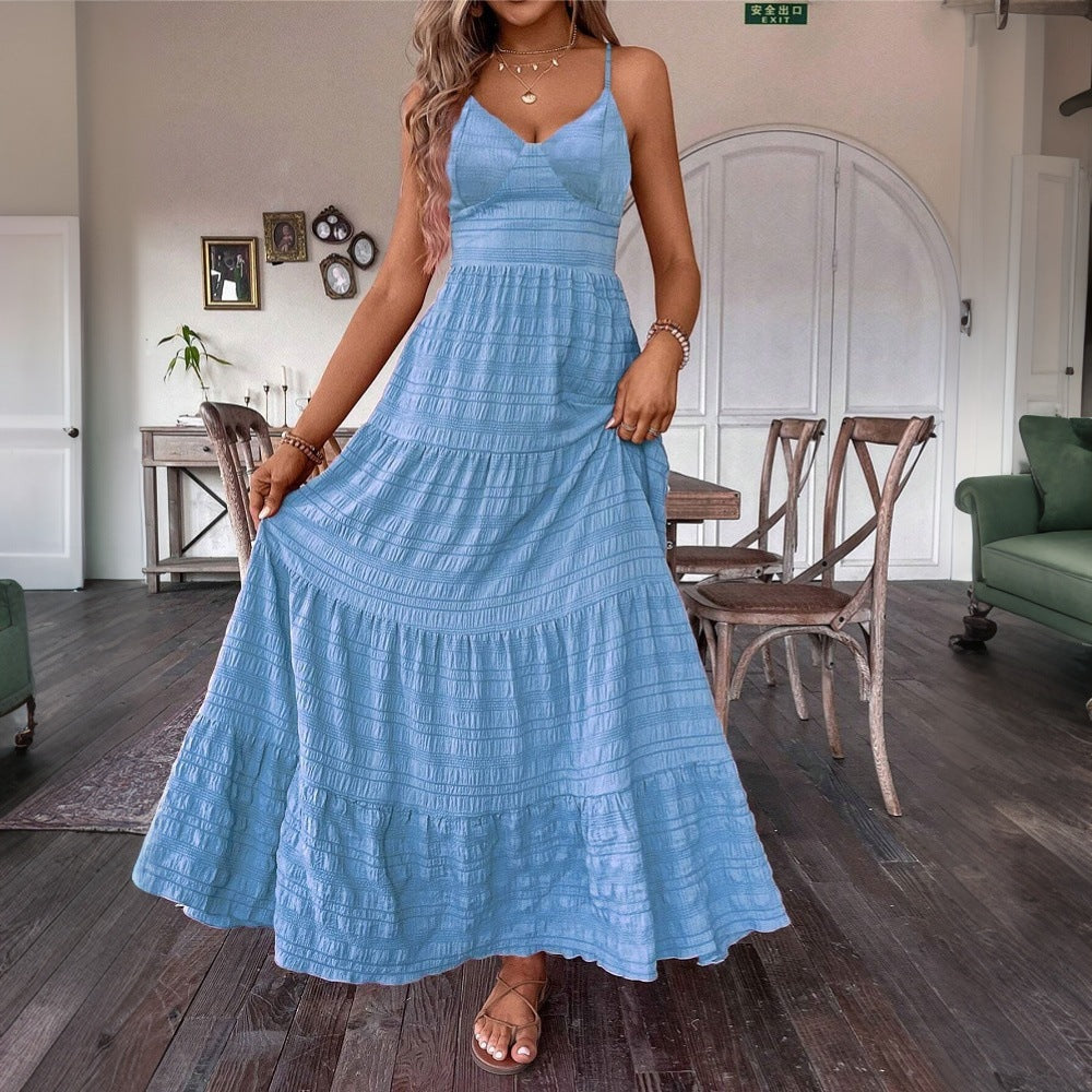 Women Clothing Summer Elegant Solid Color Sling Large Swing Dress