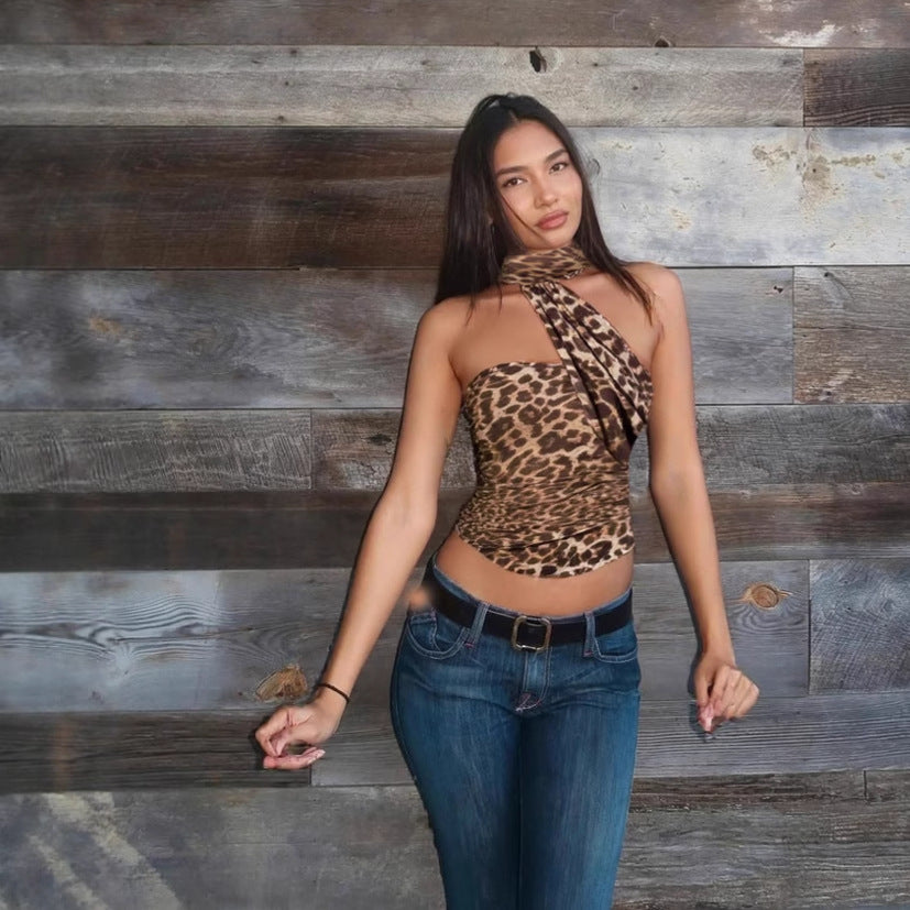 Women Clothing Summer Leopard Print off Neck Pleated Slim Ribbon Small Tank Top