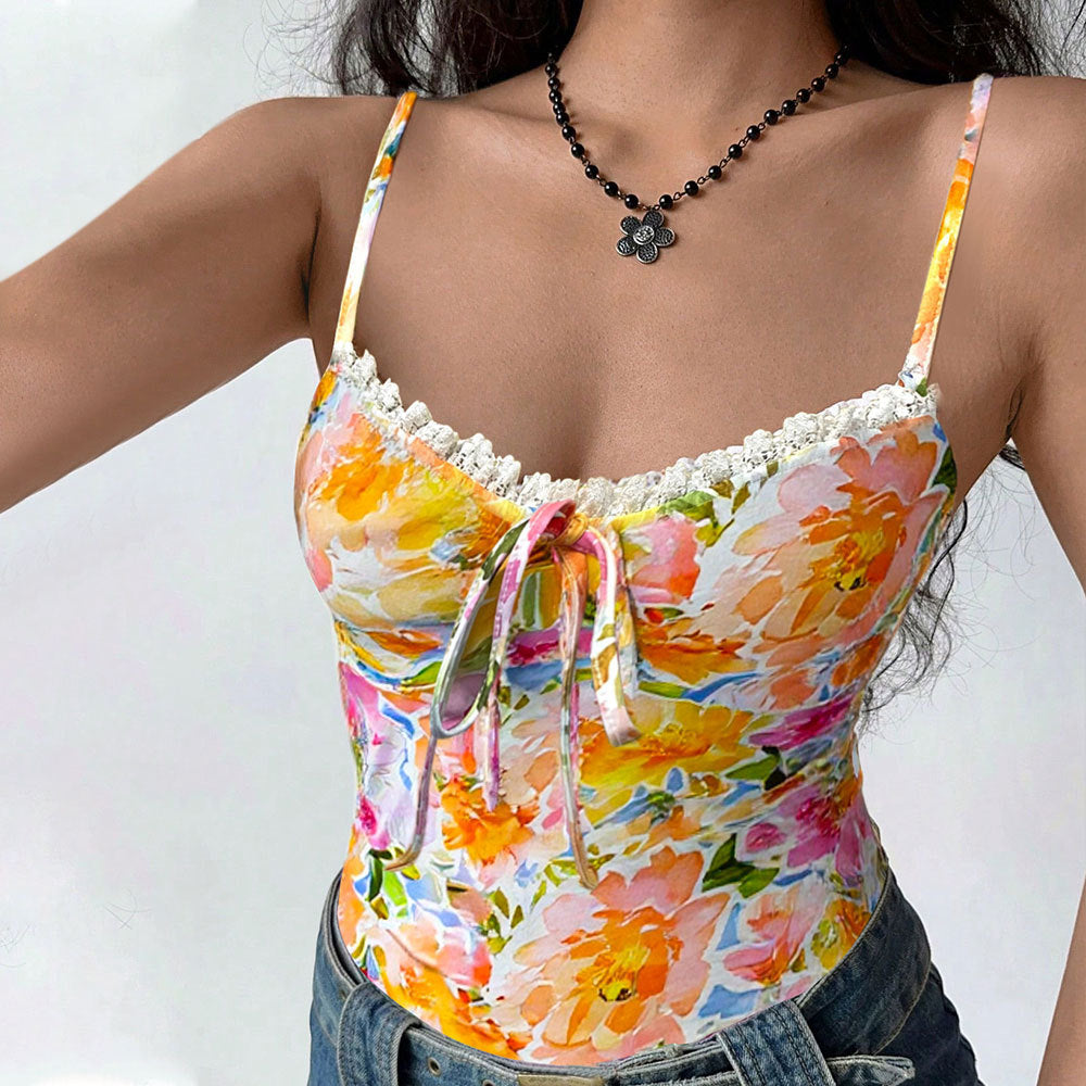 Women Clothing Summer Dopamine Floral Camisole Younger Sleeveless Top