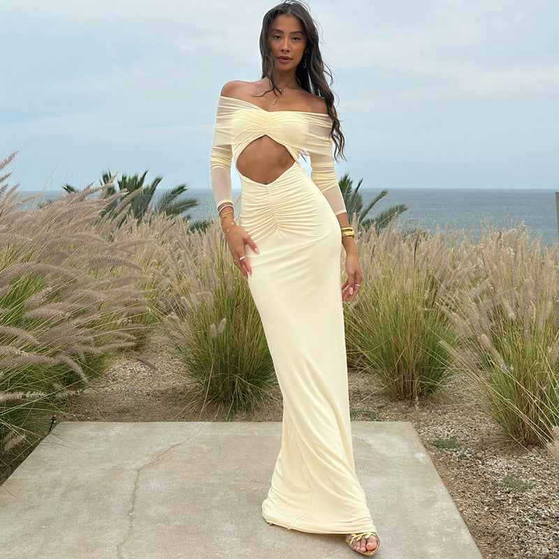Summer Sexy Elegant Mesh Backless Maxi Dress Solid Color Long Sleeve off Shoulder Dress