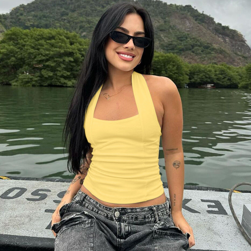 Women Clothing Summer Solid Color Tied Halter Top Short Slim Fit Tank Top