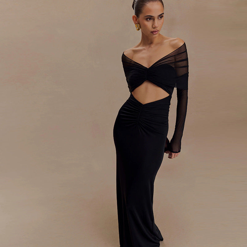 Summer Sexy Elegant Mesh Backless Maxi Dress Solid Color Long Sleeve off Shoulder Dress