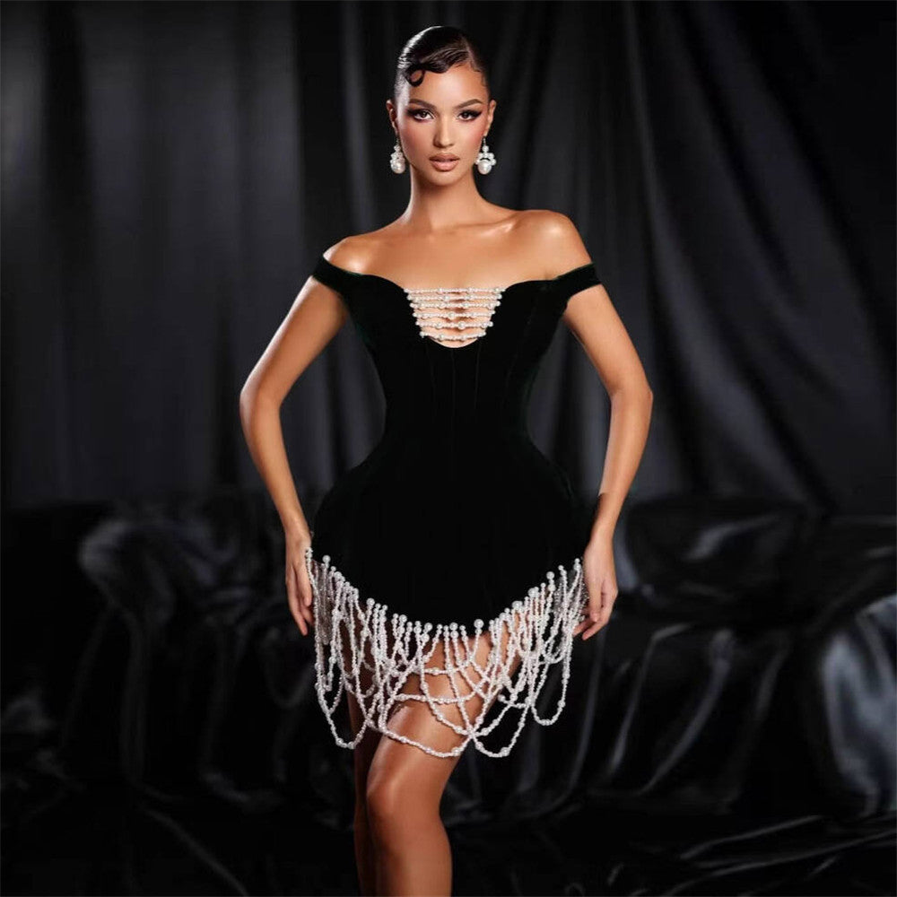 Women Clothing Sexy off the Shoulder Heavy Industry Beads Tassel Decoration Bandage Dress Party Short Evening Dress