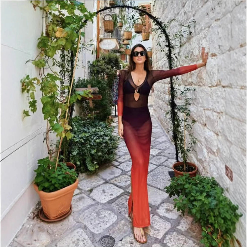 Spring Summer Color Contrast Gradient Transparent Hollow Out Cutout Split Vacation Beach Dress