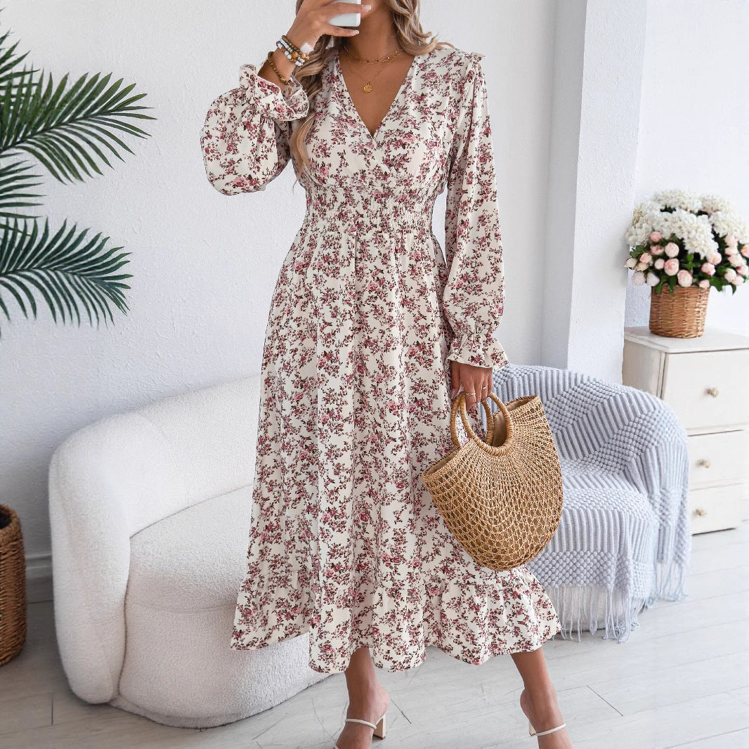 Autumn Winter Elegant Floral Cross V neck Waist Trimming Ruffles Maxi Dress Women Clothing