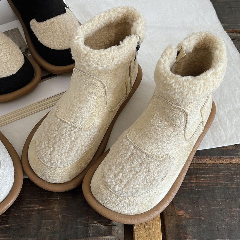 Soft Bottom Fur Mouth Side Zip Short Boots Women Thick Bottom Fleece Lined round Toe Color Blocking Ankle Boots
