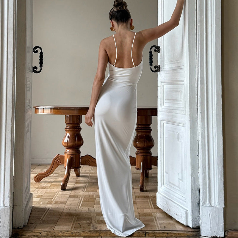 Women Clothing Summer Backless Dignified Hollow Out Cutout Halter Spaghetti Straps Dress Women