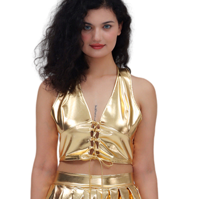 Sexy Patent Leather Women Clothing Metallic Lace up Halterneck Vest Party