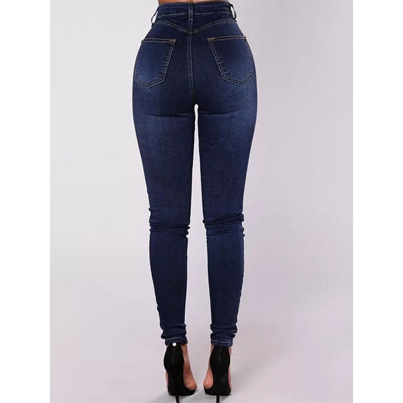 High Waist Casual Jeans Trousers Trendy Double Row Multi Button Slim Stretch Jeans Women
