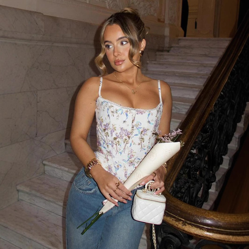 French Romantic Court Floral Purple Boning Corset Lace Splicing Sling Vest Sexy Cinched Waist Slim Fit Top