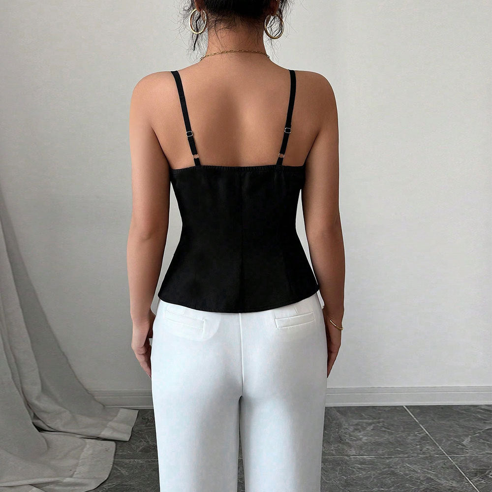 Women Clothing Hollow Out Cutout Thin Strappy T shirt Summer Waist Controlled Slim Fit Slimming Top