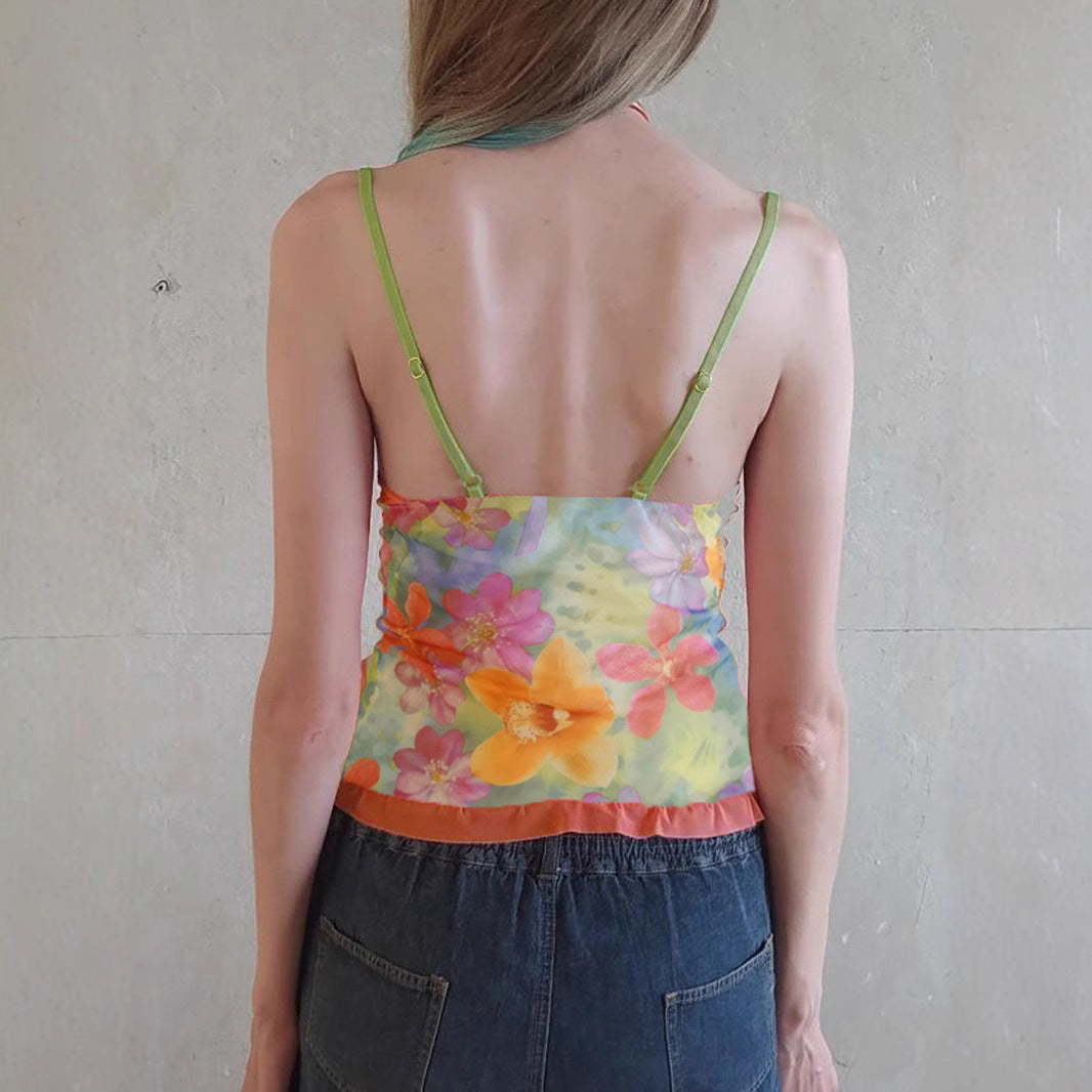 Sweet Sexy Bow Lace up Chest Floral Print See through Mesh Camisole Vest Beach Vacation Small Top