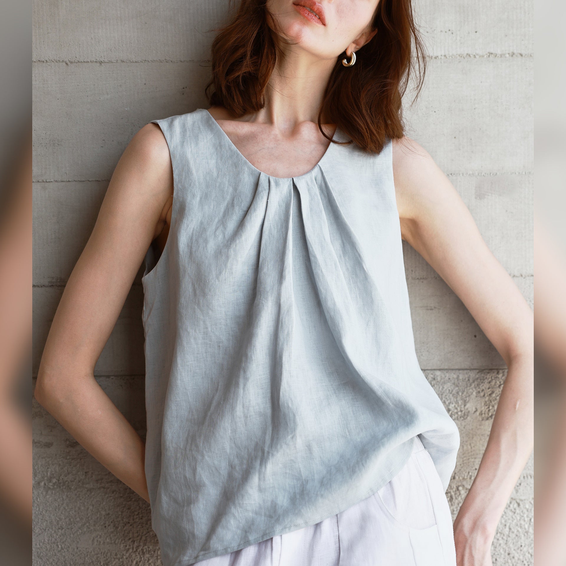 Pure Linen round Neck Sleeveless Vest Women Front Box Pleat Design Sleeveless Top Solid Color Camisole