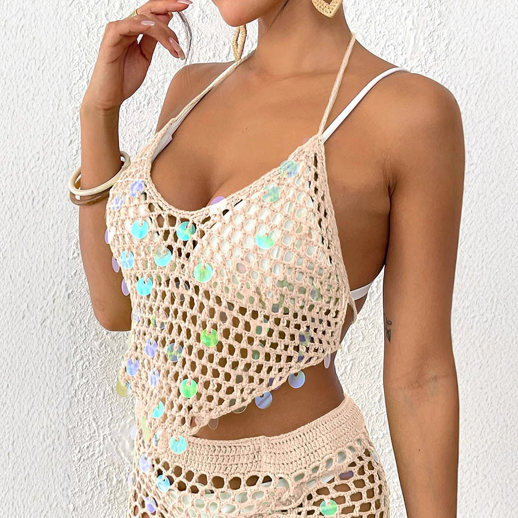 Ladies Vacation Beach Blouse Women Clothing Sequin Stitching Pure Hand Crocheting Irregular Asymmetric Camisole Sexy Bikini Top