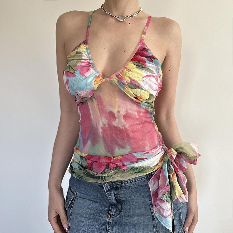 Women Clothing Vacation Color Abstract Printing Pleated V neck Bandage Bow Vest