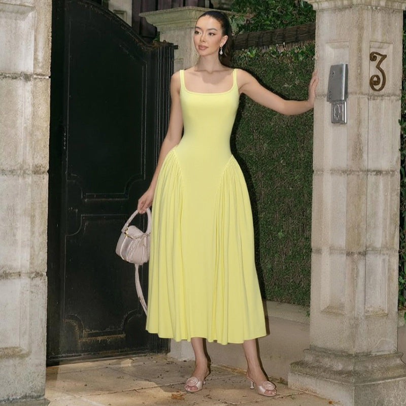 Summer Women Clothing Elegant Graceful High Waist Slim Solid Color Square Collar Sling Dress