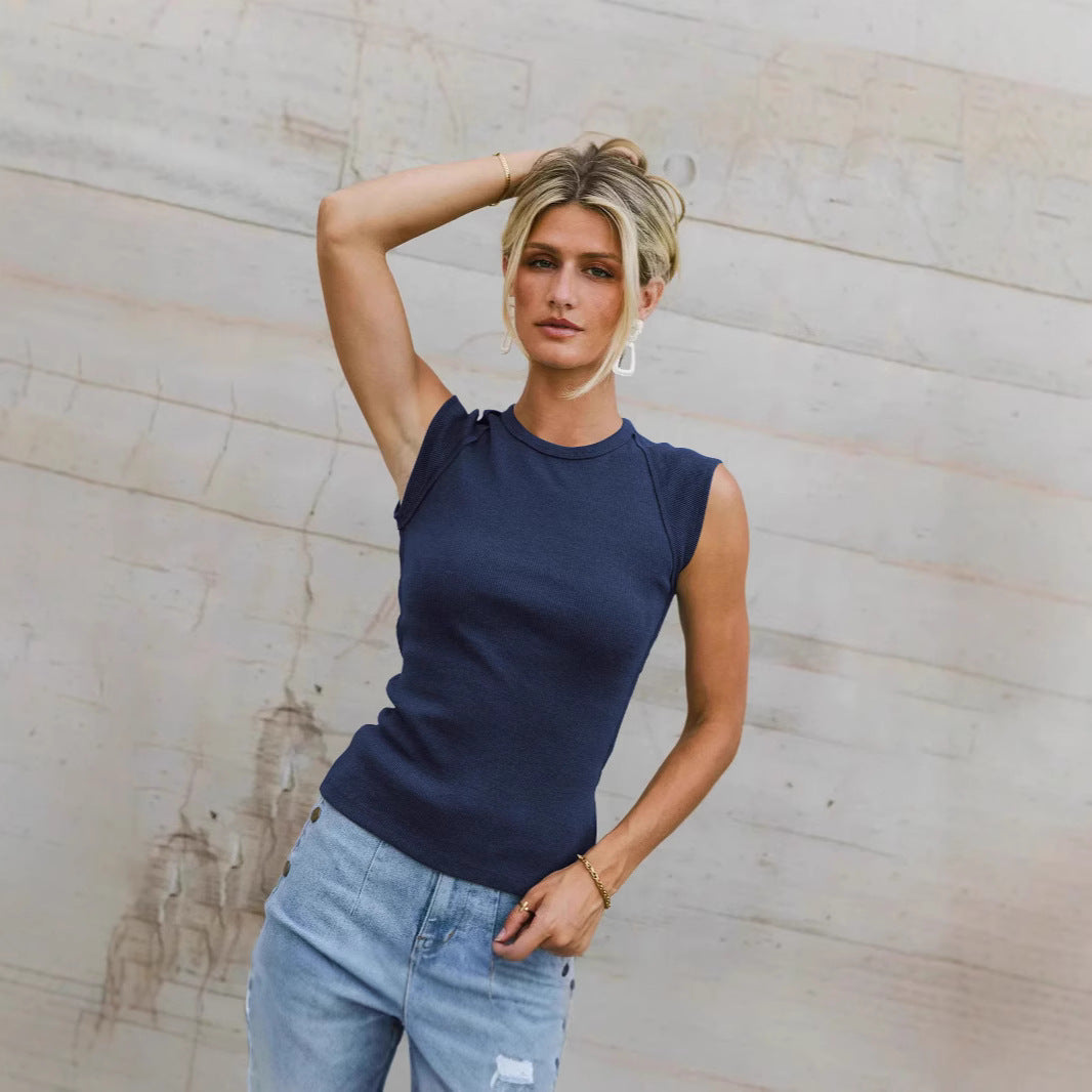 Summer Solid Color Sleeveless round Neck Slim Rib Sexy Top Vest Camisole Women