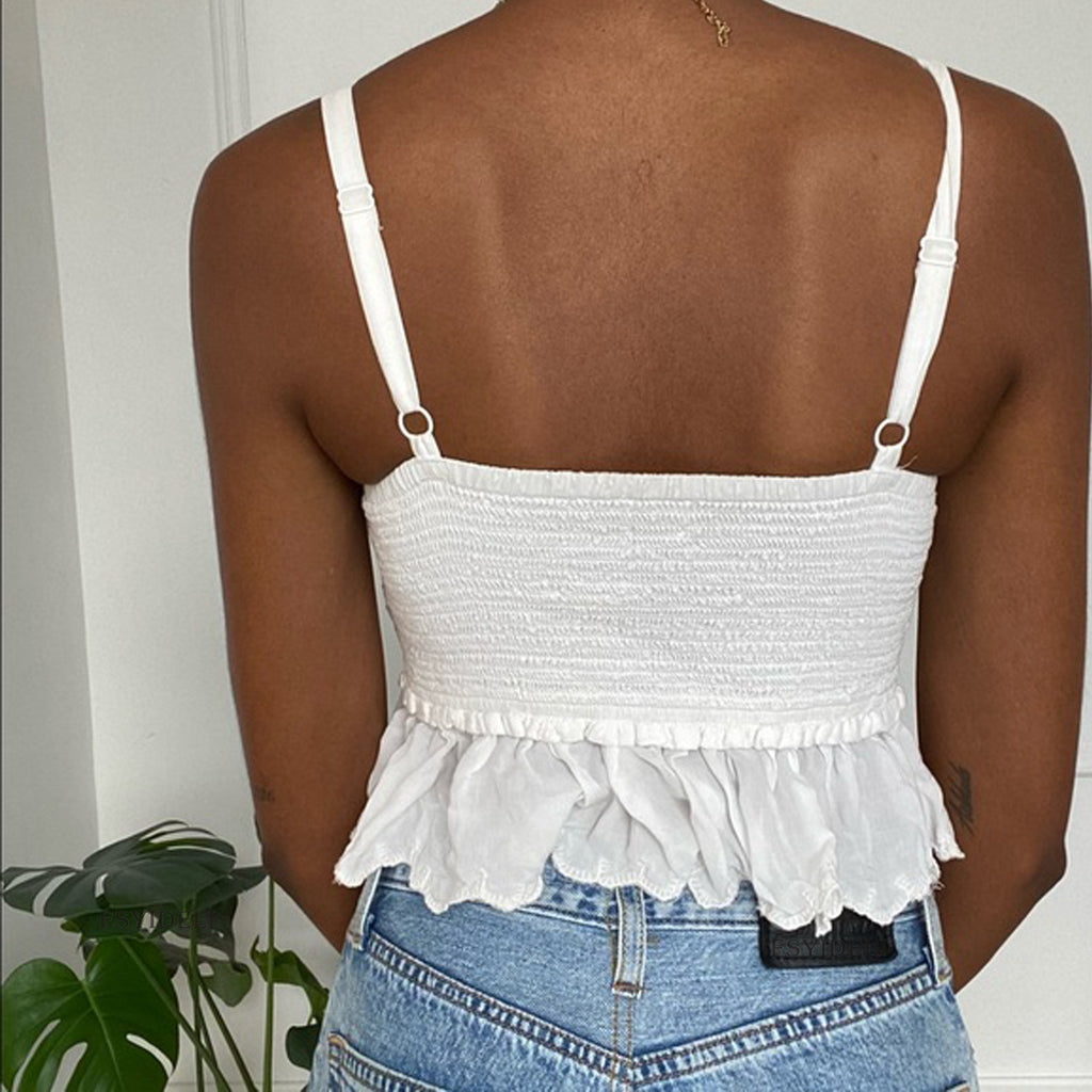 Sexy Solid Color Sling Top Pleated Drawstring Lace Irregular Asymmetric Short Sexy Top