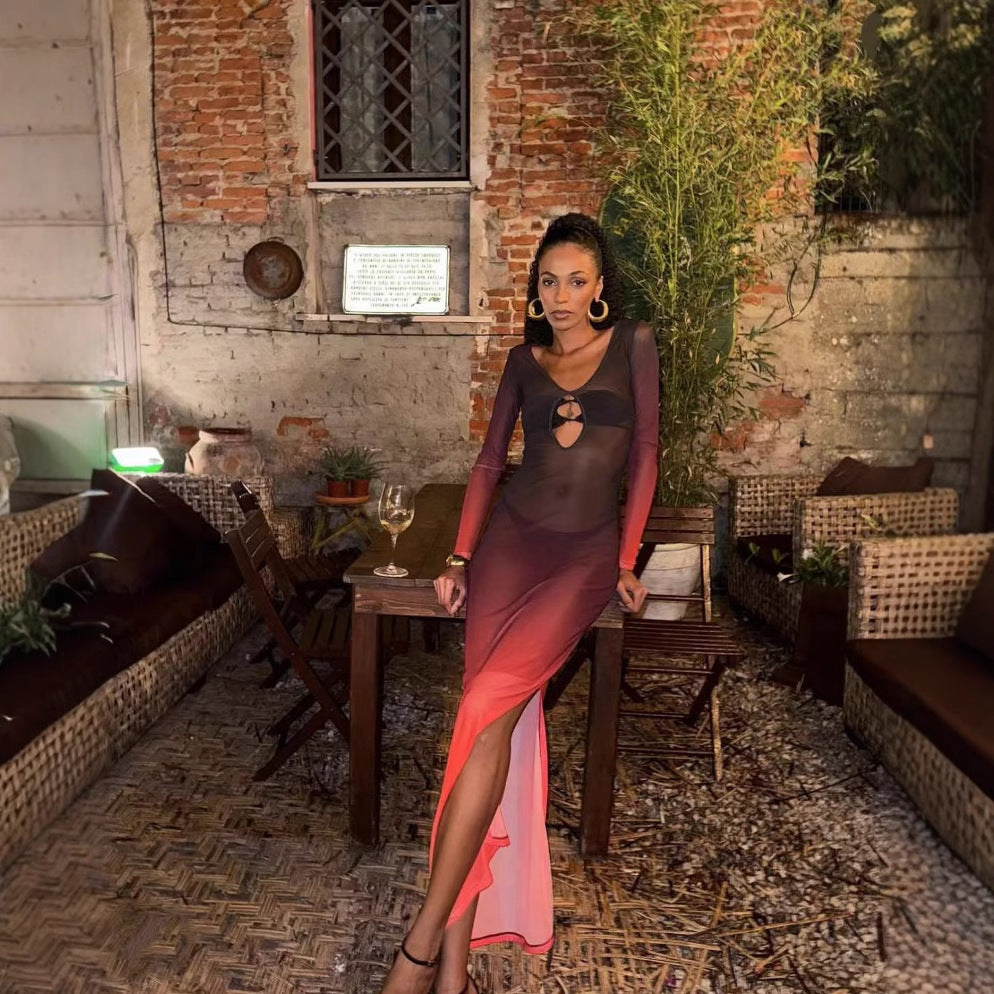 Spring Summer Color Contrast Gradient Transparent Hollow Out Cutout Split Vacation Beach Dress