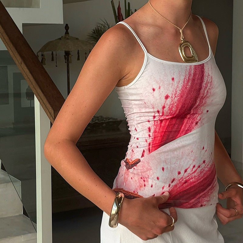 Women Clothing Spring Summer Printing Color Contrast Slim Fit Short Sleeve Strappy Vest