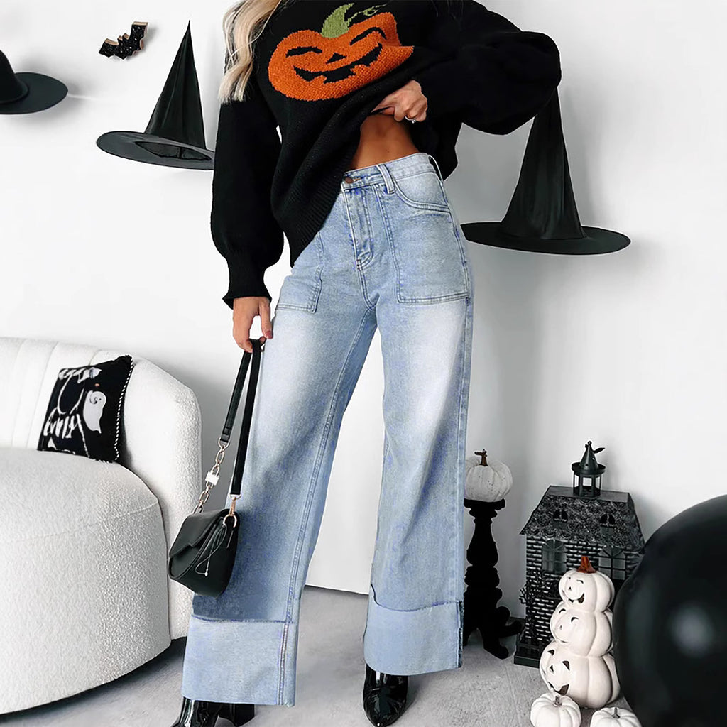 Ladies Retro High Waist Foot Folding Heavy Industry Wash Straight Micro Elastic Denim Trousers