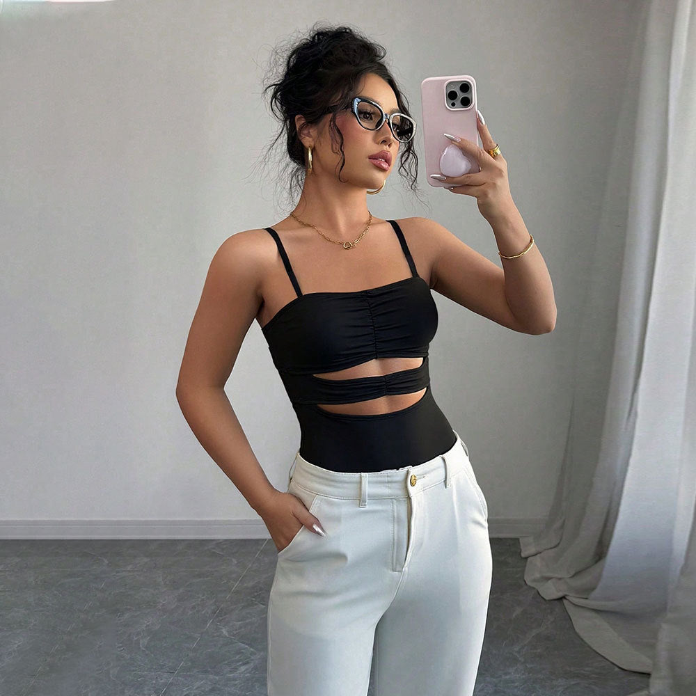 Women Clothing Hollow Out Cutout Thin Strappy T shirt Summer Waist Controlled Slim Fit Slimming Top