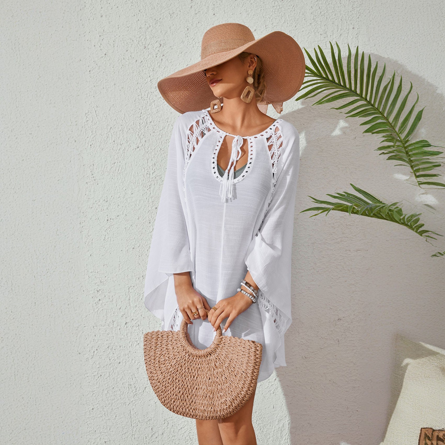 Women Bow Tie Pullover Bikini Swimsuit Blouse Solid Color Loose Sun Proof Clothes