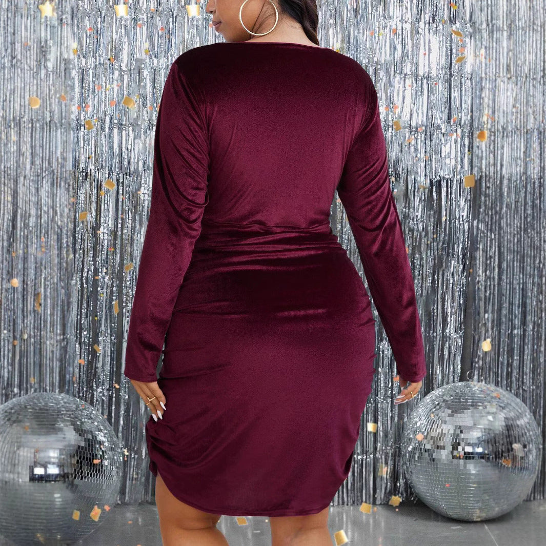 Plus Size Autumn Winter Women Clothing High Sense Socialite Wine Red Dress Cocktail