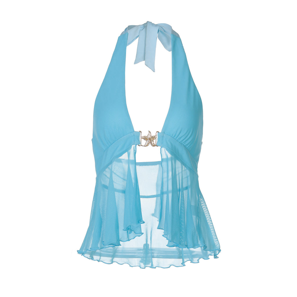 Women Clothing Summer Sexy Mesh Stitching Metal Buckle Halter Vest