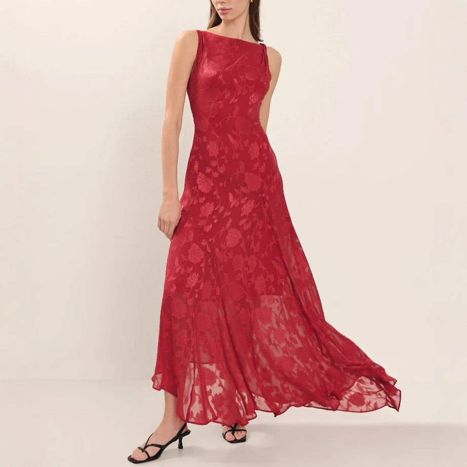 Summer Lace Backless Slim Fit Jacquard Red Irregular Asymmetric Dress Women Dress
