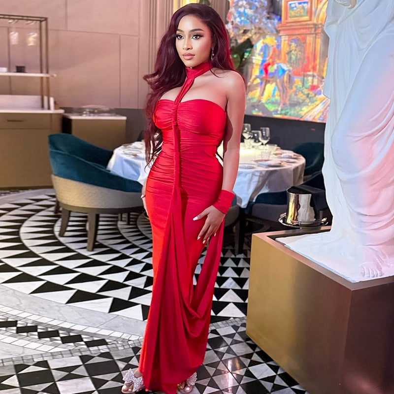 Solid Color Elegant Women Backless Lace up Tube Top Hip Pleated off Neck Dress Cocktail Dress