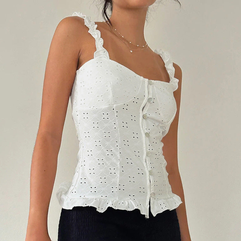 Design Hollow Out Cutout Jacquard Lace Shoulder Strap Vest Pastoral Girly Button Cardigan Waist Trimming Short Top Women Clothing