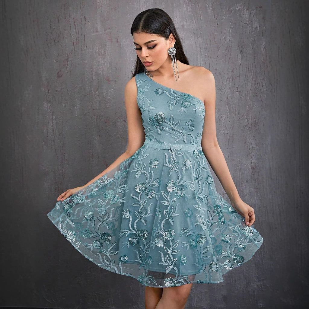 One Shoulder Ball Gown Summer Sleeveless Short Dress Birthday Party Adult Formal Dress Women