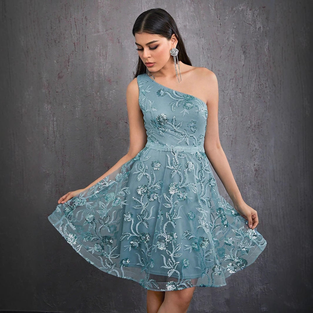 One Shoulder Ball Gown Summer Sleeveless Short Dress Birthday Party Adult Formal Dress Women