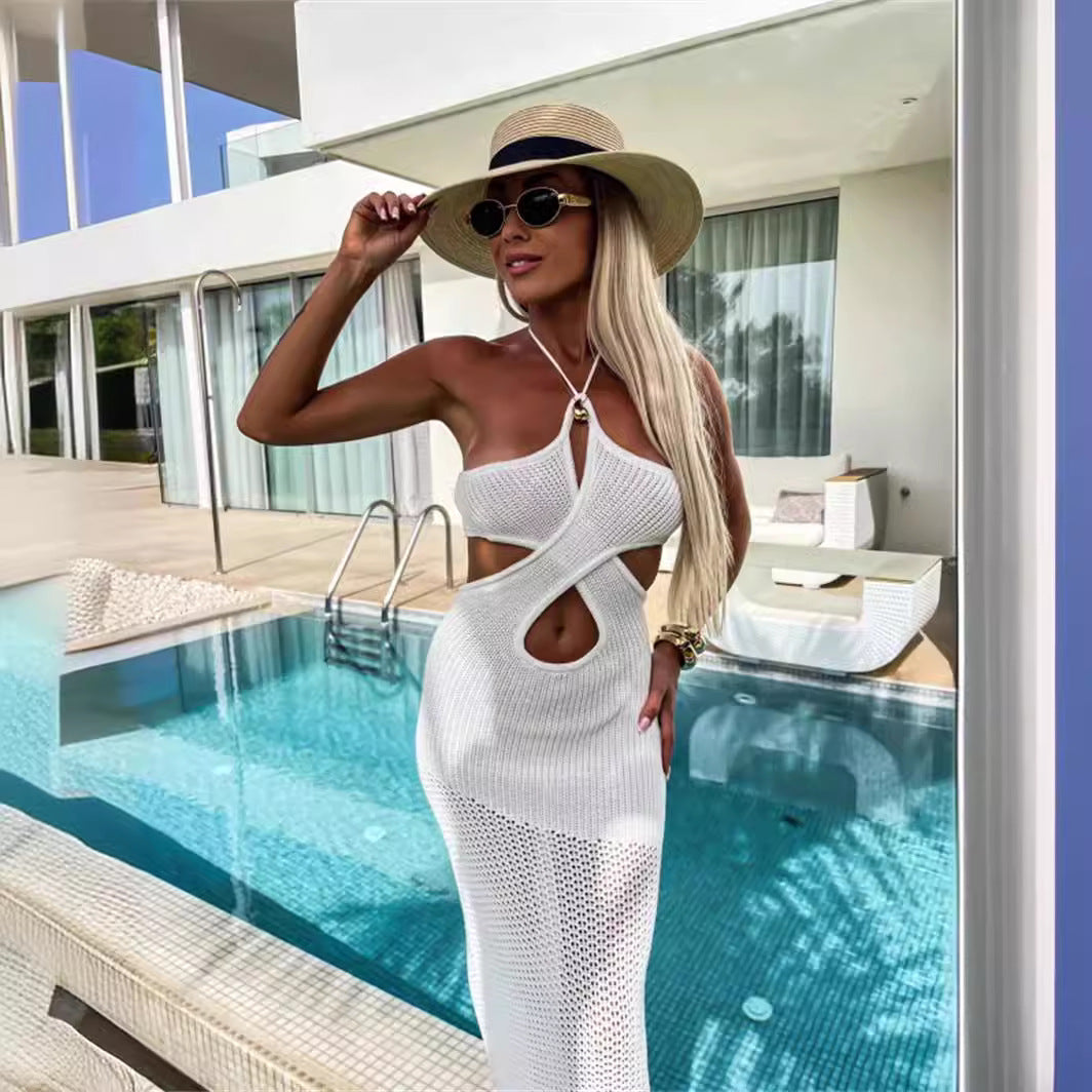 Holiday Beach Sexy Crossover Lace up Halter Knitted Hollow Out Cutout Dress Slim Fit Office Nightclub Women Crochet hook Crochet hook Crochet hook