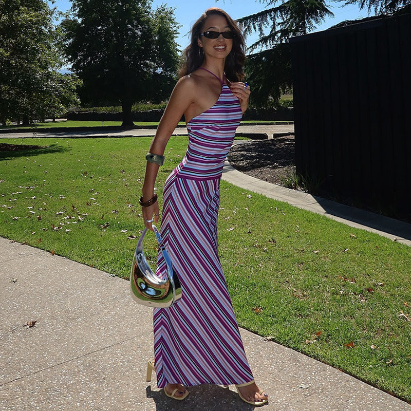 Women Clothing Summer Printed Striped Contrast Color Backless Slender Loose Sexy Dress