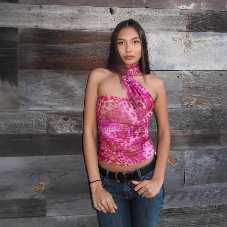 Women Clothing Summer Leopard Print off Neck Pleated Slim Ribbon Small Tank Top